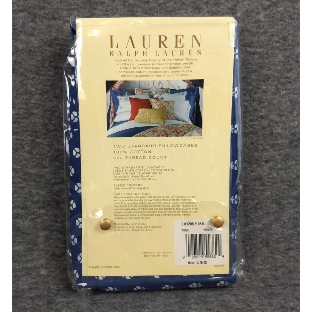 Ralph‎ Lauren Cote D'Azur Floral Standard Pillowcases Pair Blue Cotton Italy NEW